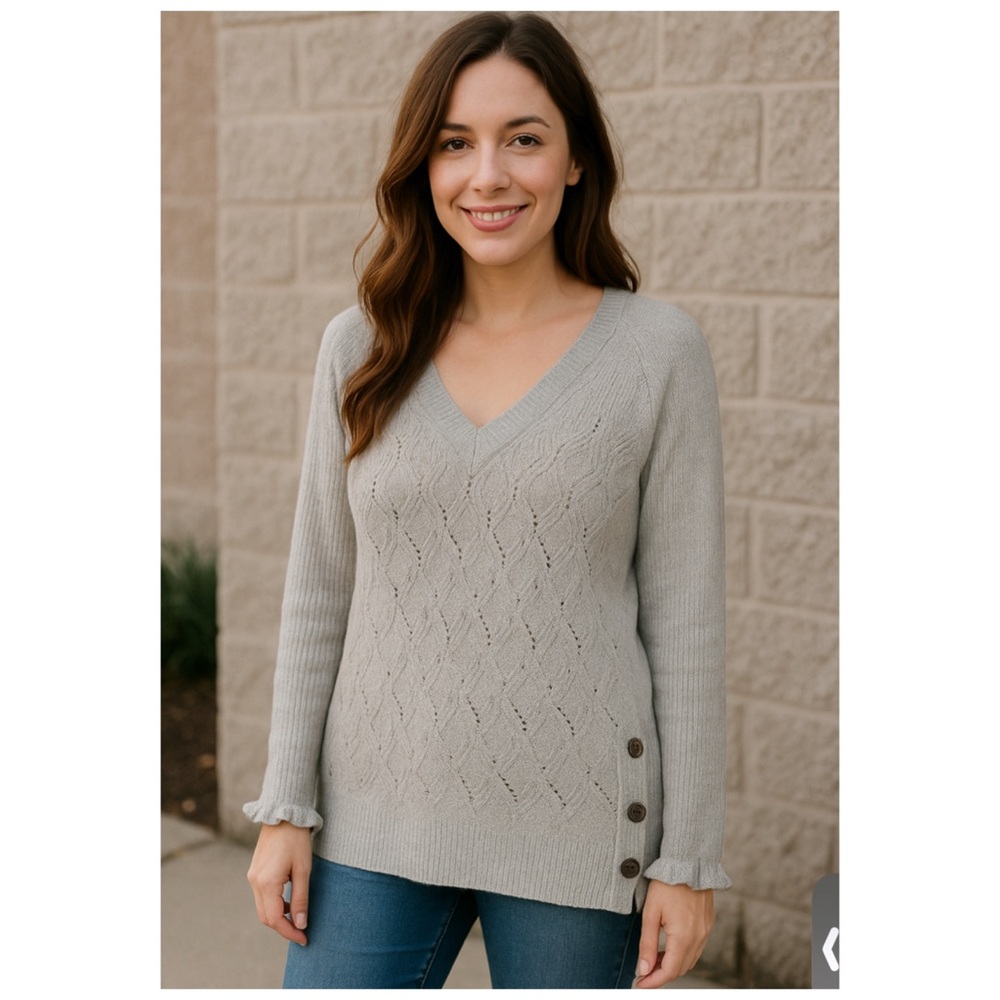 Rebecca Taylor Gray Wool Blend Cable Knit Button Side Pullover Sweater Small